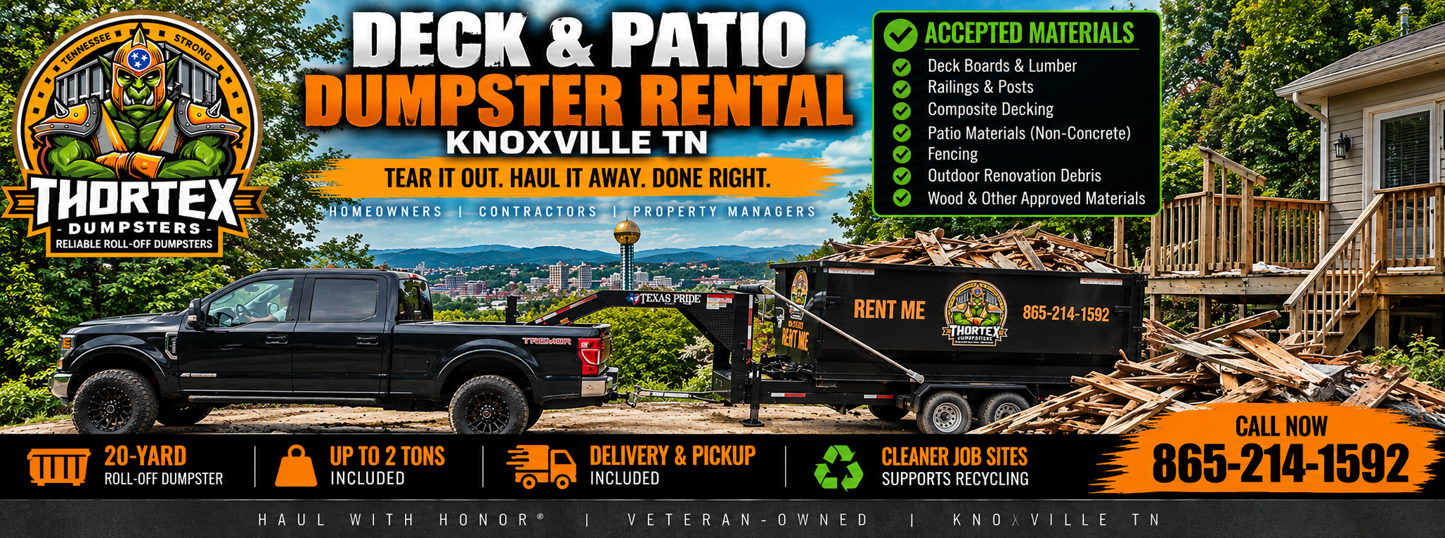 Deck and patio dumpster rental Knoxville TN from Thortex Dumpsters for deck removal and outdoor renovation debris