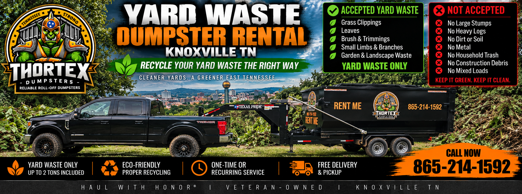 Yard waste dumpster rental Knoxville TN from Thortex Dumpsters for grass clippings brush limbs and branches