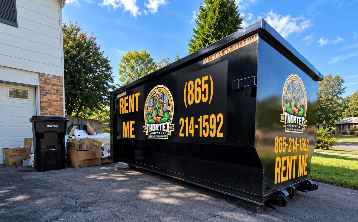 Thortex Dumpsters black 20-yard roll-off dumpster at a residential driveway with company branding