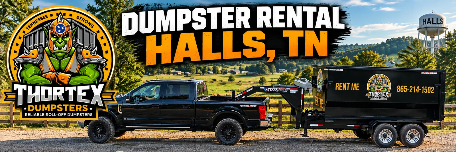 Dumpster rental Halls TN by Thortex Dumpsters with black Ford truck and 20-yard roll-off container