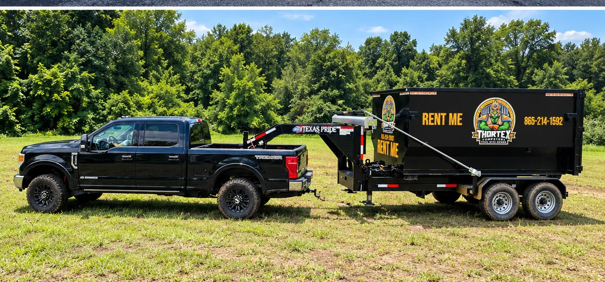 Thortex Dumpsters black Ford F-350 with Texas Pride gooseneck roll-off trailer transporting a black dumpster